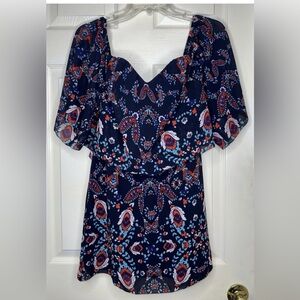 Woman SAYLOR Blue Printed Sweetheart Neck Off Shoulder Mini Dress Sz XS EUC